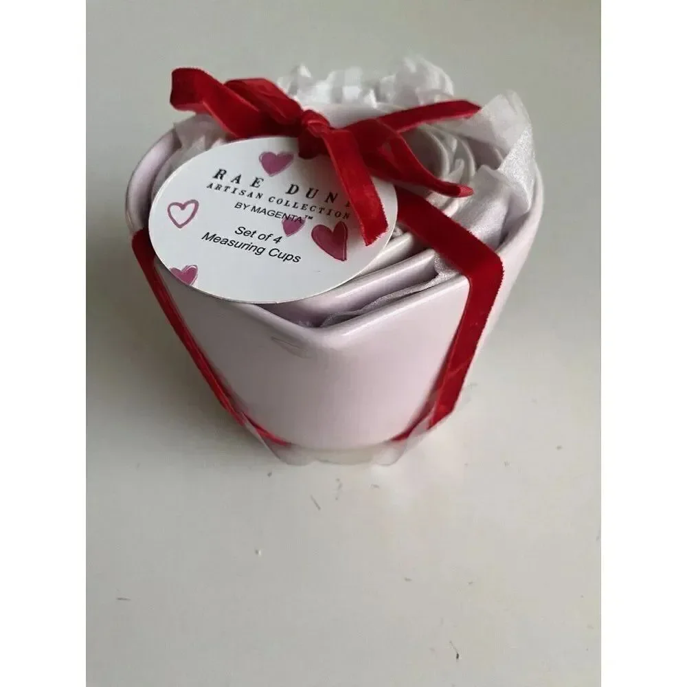 Set Of 4 Rae Dunn VALENTINE PINK Measuring Cups With Heart Cutout‎ Ceramic NEW